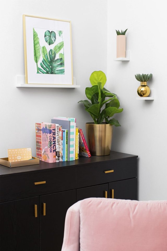 Sideboard styled with books and a potted plant beneath wall-mounted plant shelves