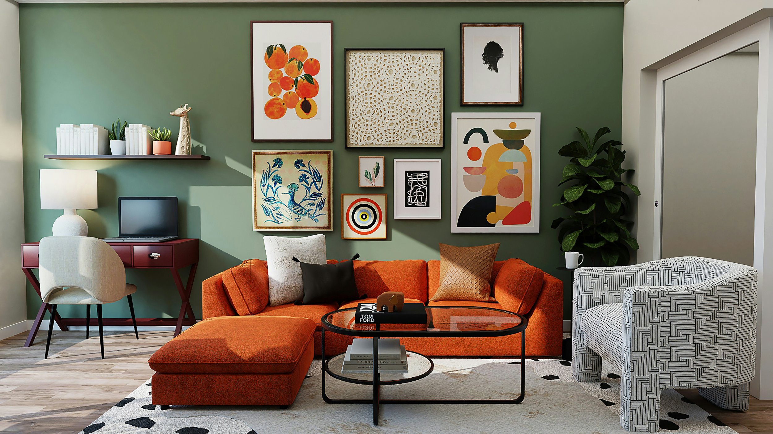 Living room styled with natural materials and plants